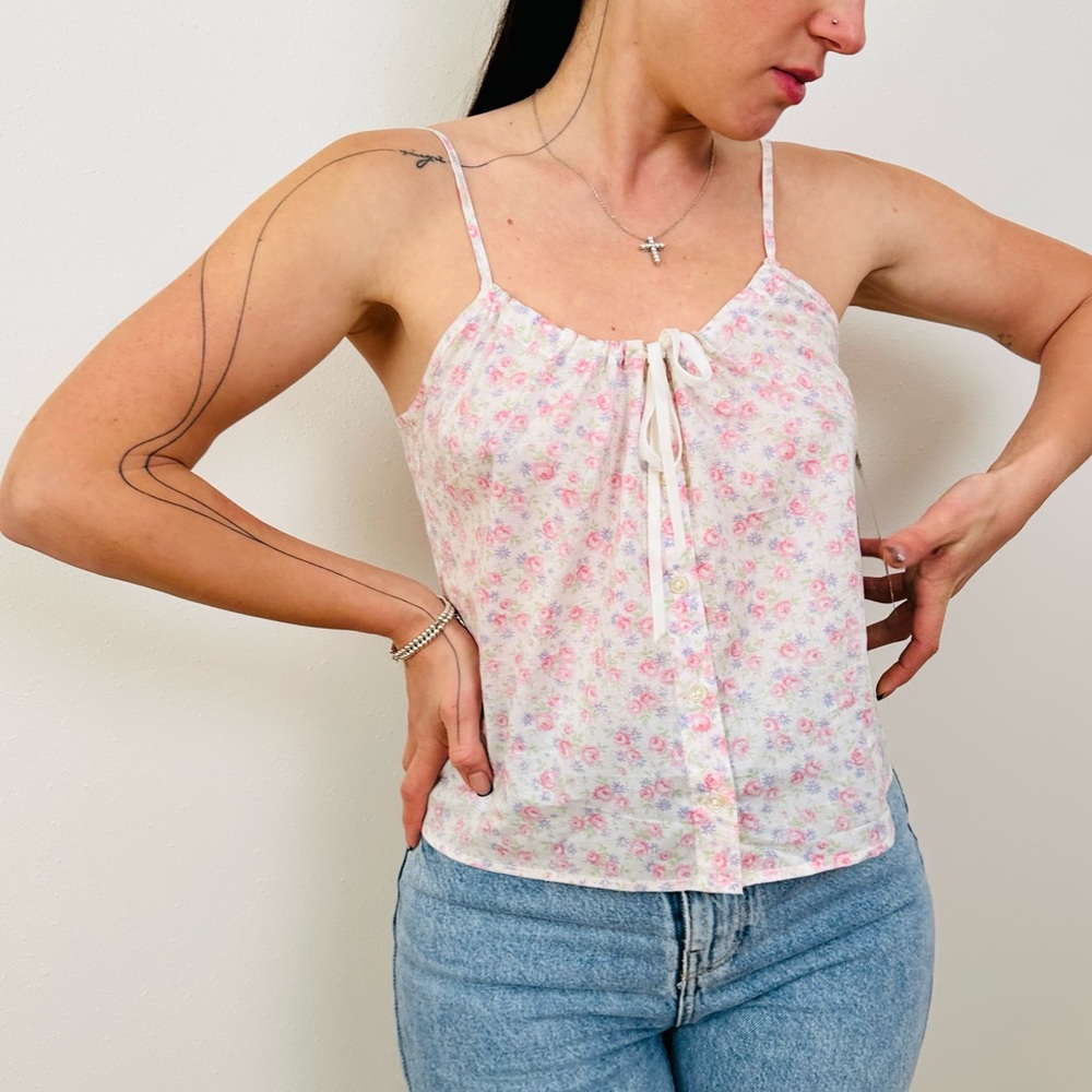 New Vintage Ralph Lauren Boho Camisole with Tie Front Rose Print Floral tank top